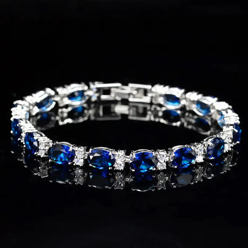 Korean Style AAA CZ Tennis Bracelet for Women, Luxury Blue Sapphire CZ Bangle, Elegant Wedding Jewelry Gift for Her