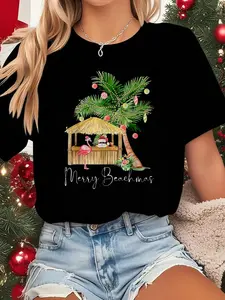 100% cotton women Merry Beachmas Hawaiian Pink Flamingo Palm Tree Christmas Men Women Kids T-Shirt Print Round Neck Short Sleeve Streetwear Fashion Breathable Soft Unisex Designer Clothes For Women Casual Clothes