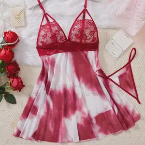 Contrast Lace Trim Lingerie Set Lady Mini Nightdress Floral Print Erotic Underwear Backless Sleepwear Sexy Bodysuit Dress