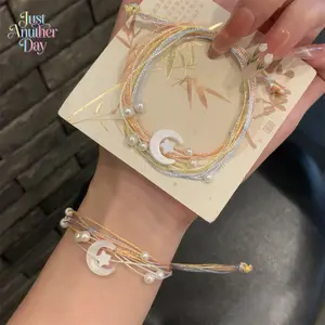 Chinese Style Moon & Star Woven Bracelet, Colorful Five-Thread Adjustable Bangle, Sweet Fashion Jewelry for Dragon Boat Festival