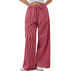 Women Striped Pants Casual Drawstring Wide Leg Trousers Loose Lounge Pajama Pants with Pockets