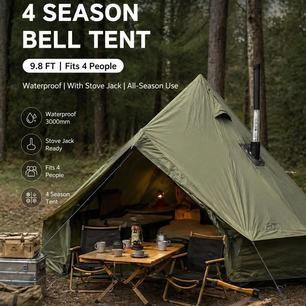 4 Season Bell Tent 9.8 FT Green Waterproof Glamping Yurt Tent with Stove Jack 4 Person Capacity Canvas Family Camping Tents Large Teepee for Outdoor Backyard Parties Luxury Outing Winter Warm Shelter Lightweight Compact Storage Carry Bag