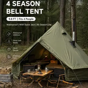 4 Season Bell Tent 9.8 FT Green Waterproof Glamping Yurt Tent with Stove Jack 4 Person Capacity Canvas Family Camping Tents Large Teepee for Outdoor Backyard Parties Luxury Outing Winter Warm Shelter