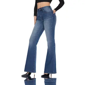 CANANA Women's Leopard Inner Cuff High Rise Slim Fit Flare Jeans Dark Wash with Fleece Lined Stretch Denim SH25F07