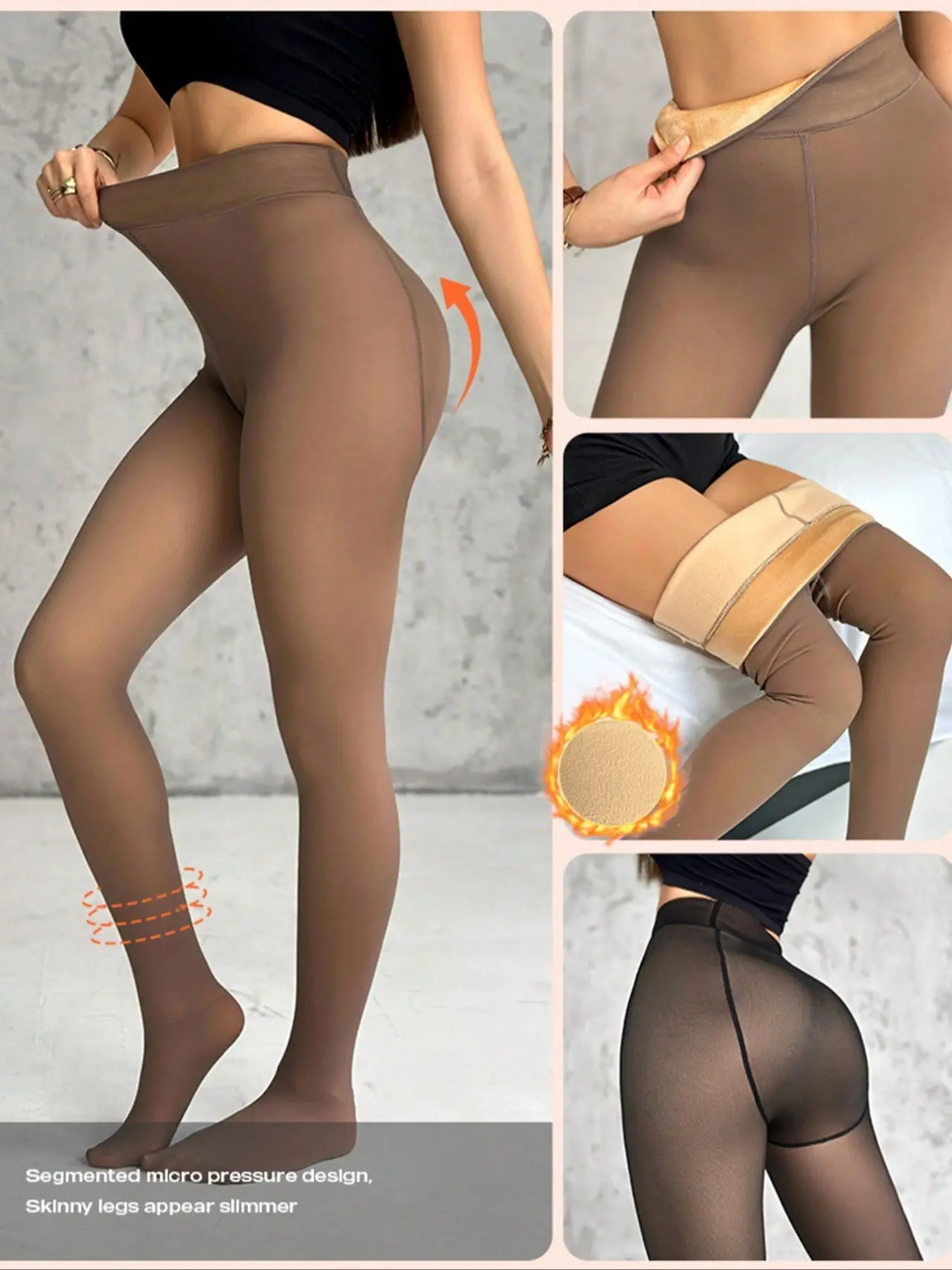 Women's Fleece Lined Thermal Fit Tights, One-Line Seams, Front & Back Semi-Transparent, Thick Leggings, Closed Foot Design, Fall&winter, Underwear, Women Pantyhose, Clothing
