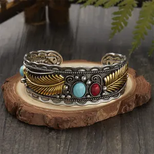 Navajo-style Oval Turquoise Bracelet for Women Vintage Two-tone Leaf Design with Vibrant Stone and Red Gem Navajo Cuff Style Wholesale Favorite Elegant Traditional Accessory,navajo cuff