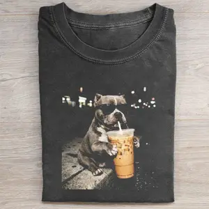 Comfort Colors Funny Pitbull Drinking Iced Coffee T-shirt, Vintage 90s Edgy Dog Meme Tee, Unisex Fit Design, Casual Streetwear, Gift for Dog Lovers