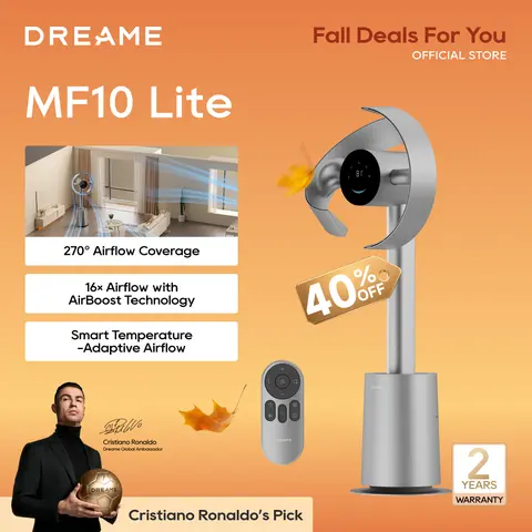Dreame MF10 Bladeless Tower Fan with 270° Whole-Room Air Circulation, Smart Standing Fan with TempSync, AirBoost Technology, 10 Speeds, 3 Modes, Washable Filter