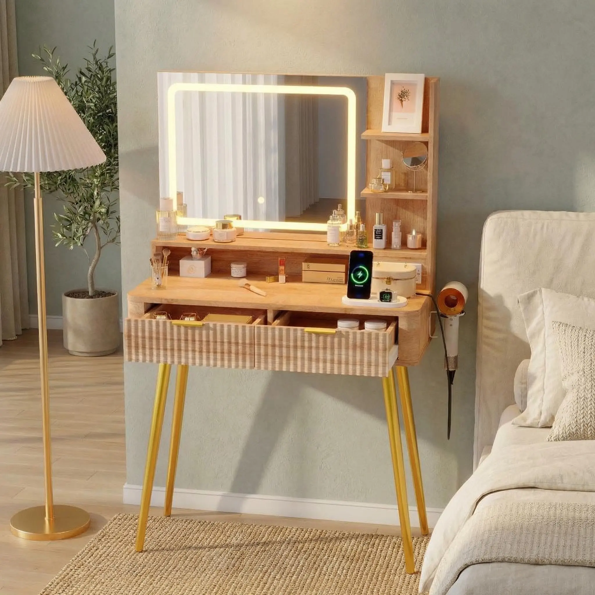 Garvee Dressing Table with LED Light and 3-Colour Lighted Mirror, Vanity Desk Featuring 2 Drawers, 4 Open Shelves, Hair Dryer Holder, Metal Legs, Built-in Plug & USB, Makeup Desk for Bedroom, 80x35x132cm, Natural Finish