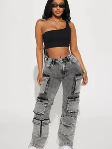 Fairfax High Rise Stretch Cargo Jeans - Acid Wash Grey