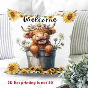 Cute Cow Pillow Cover, Iron Bucket Design, Sunflower & Daisy Elements, Vintage Style, Suitable for Living Room Bedroom Home Decor