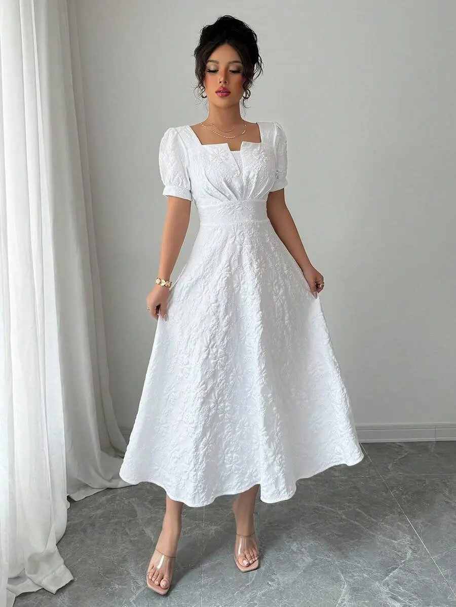 Women's Jacquard Dress with Puff Sleeves & Square Neck, Elegant Solid Color Slim-Fit Woven Fashion for Summer Parties, avoid return / refund ,Please ask for pictures before placing order