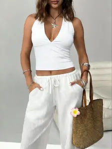 Women's Casual Set Fashion, Halter V-Neck Vest with Wide Leg Pants, Comfortable Home Wear for Vacation, Travel, Airport, All Seasons