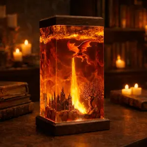 3D Dragon Resin Sculpture Fire Breath Castle Diorama Fantasy Home Decor Gothic Art Piece Wooden Base Desk Shelf Decoration Unique Gift for Dragon Lovers