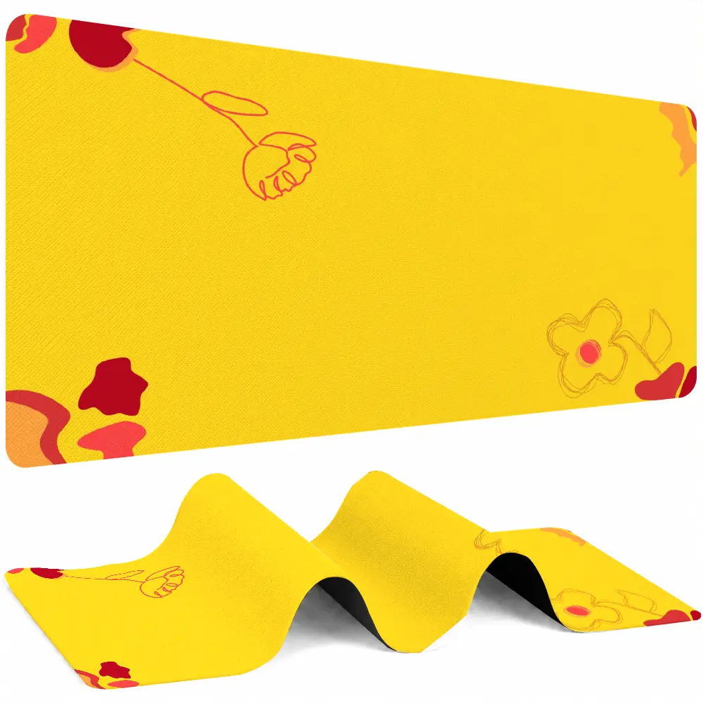 Minimalist Yellow Floral Outline Fabric Top Mouse Pad - Large Area Botanical Desk Mat for Work/Study, Modern Office Specialty Kitchen Accessory