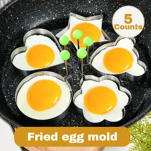 5 Counts Set Fried Egg Rings Molds, Non-Stick Stainless Steel Egg Shapers for Pancake & Cooking, Griddle Pan Accessories with Handle Omelet Maker Omelette Makers