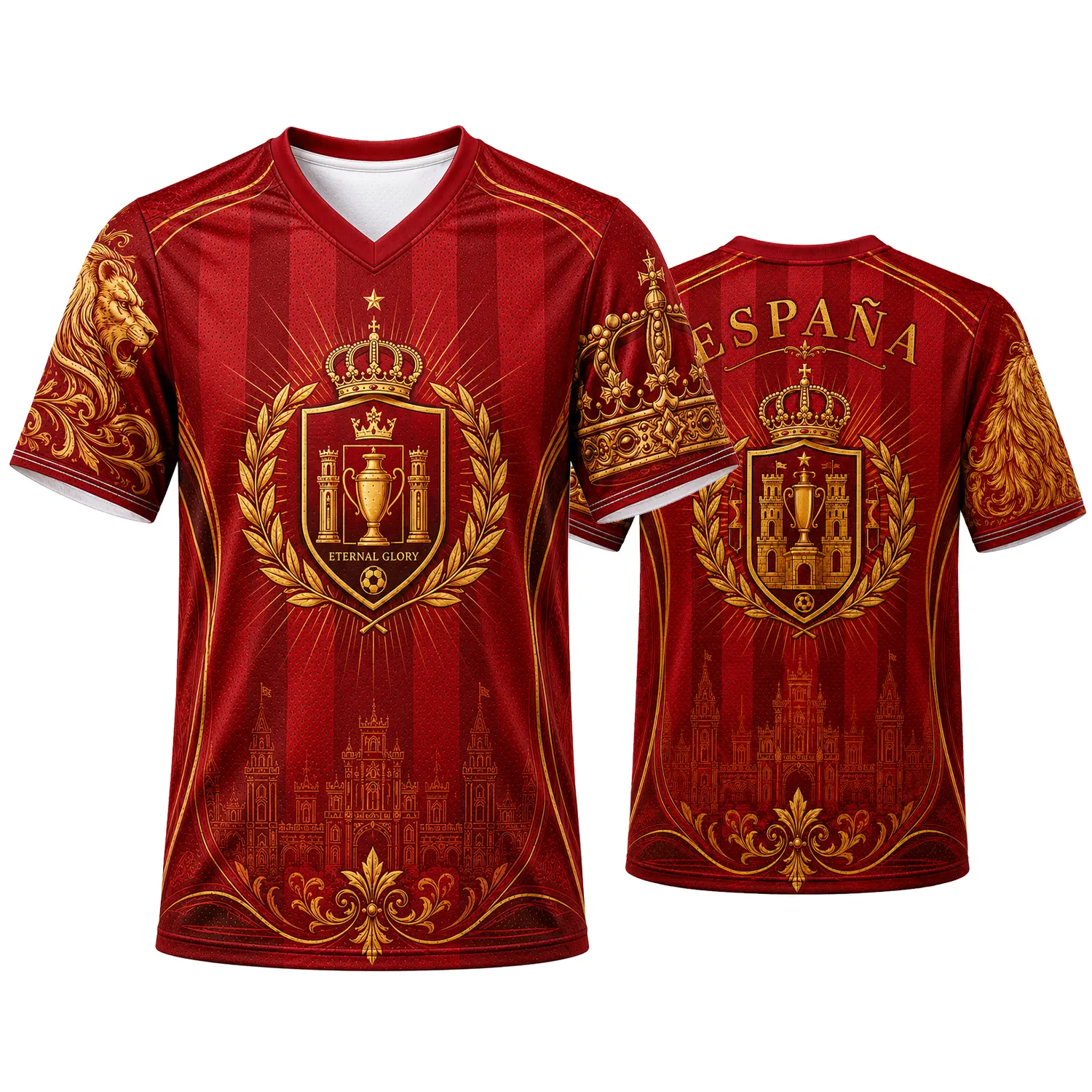 Spain Color-Inspired V-Neck Athletic Shirt for Men Women, Red Gold Crown Lion Laurel and Castle Graphic Short Sleeve Casual Sports Top, Size S-5XL