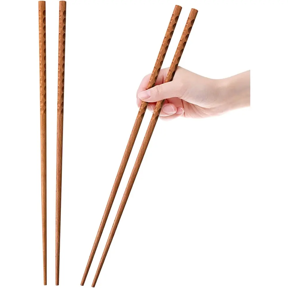 16.5 In Long-Size Non-Slip Beech Wood Reusable Kitchen Chopsticks, 2 Pairs Natural Wood Cutlery for Noodles, Deep Frying, Cooking, Serving