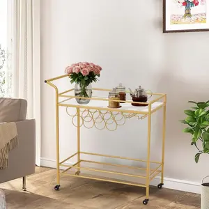 Gold Bar Cart with Wine Rack & Glass Holders, Rolling Serving Cart with Wheels for Kitchen, Dining Room, or Home Bar
