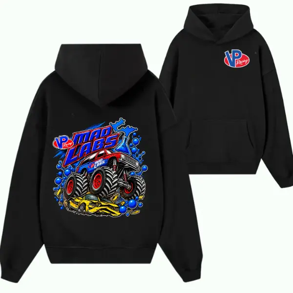 VP Racing Mad Labs Monster Truck Hoodie – Black Graphic Pullover with Off-Road Monster Truck Design for Racing and Truck Fans