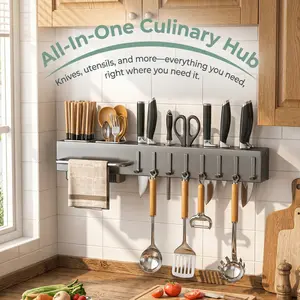 Carbon Steel Knife Rack No Drilling Kitchen Multi-Functional Chopstick Holder Integrated Storage Shelf Wall Mounted Organizer