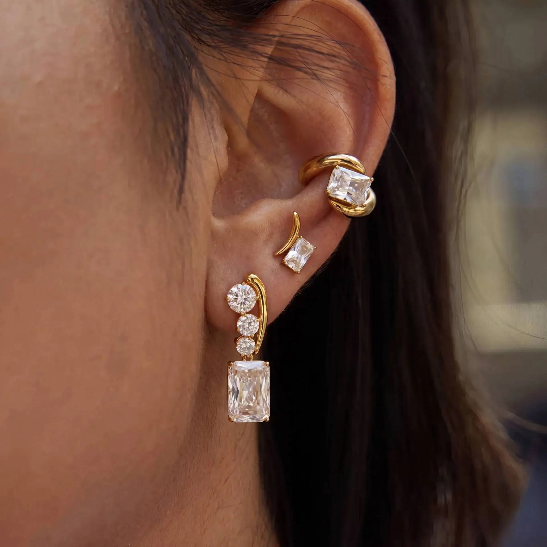 Gold CZ Ear Climber & Hoop Earrings, Dangle Drop Studs and Open Ring Jewelry Collection, Minimalist Stackable Sparkle Accessory, Elegant Everyday Gift for Her