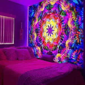 Blacklight Mandala Tapestry for Bedroom, Psychedelic Black Light Posters for Adults and Teens, Colorful UV Reactive Aesthetic Bohemian Art Wall Hanging Decor (60 x 50 Inches)