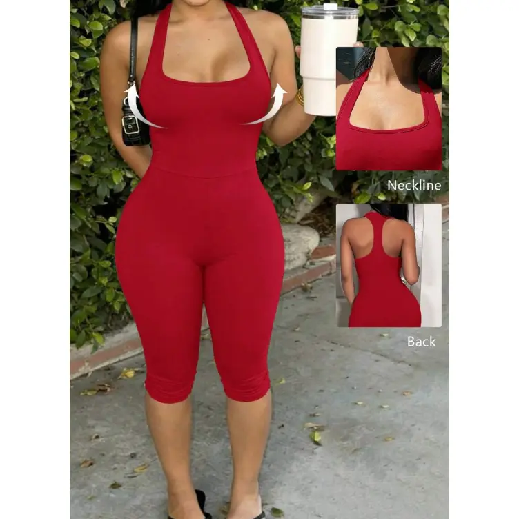 FLEXA Women's Tight Jumpsuit,Red,Summer,Cow Boy,Gym, Sporty Style U-Collar I-Shaped Vest Slim-Fit 3/4 Pants,Y2K Street Sweet,Daily Date Style