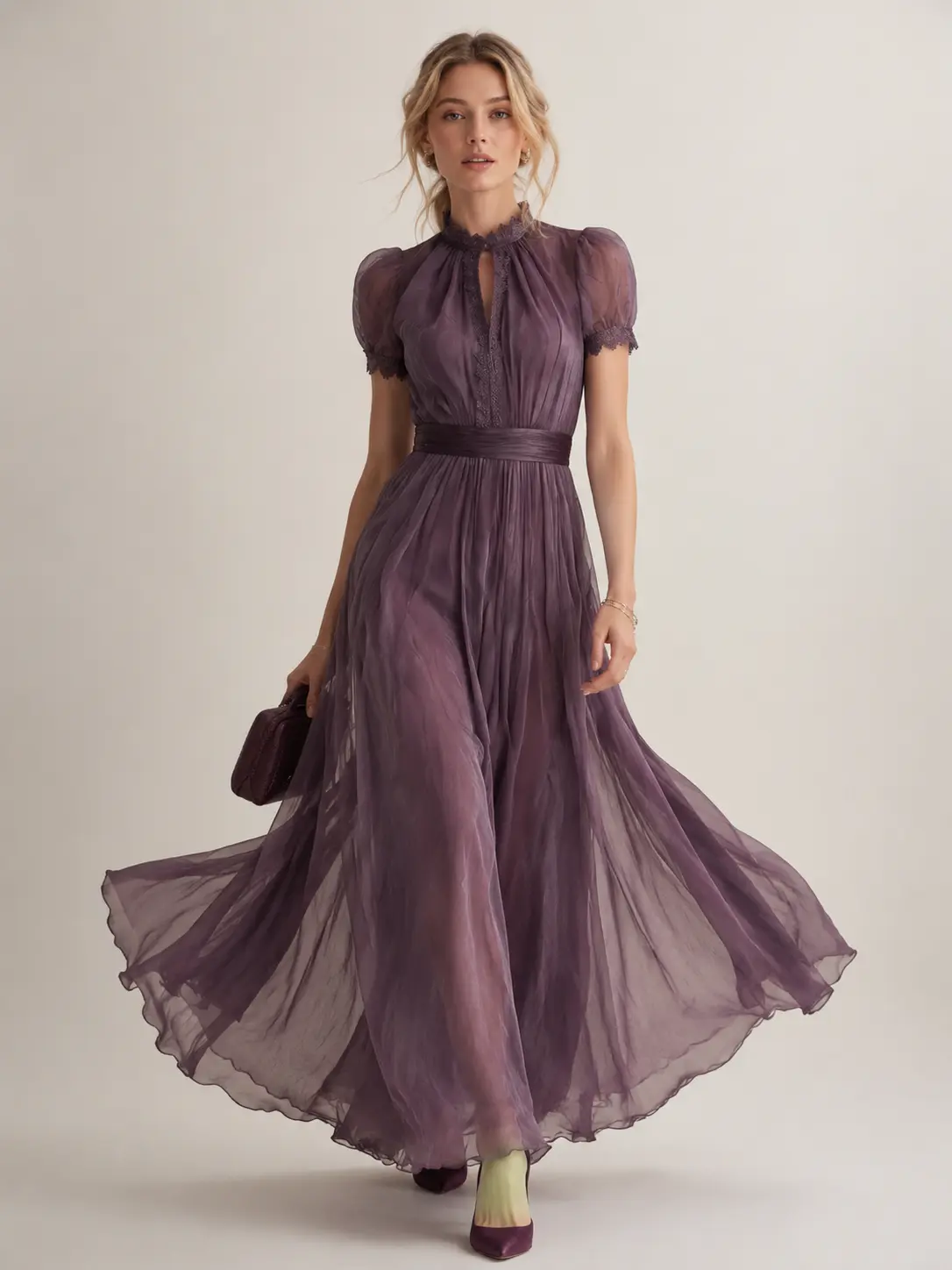 Elegant Chiffon Maxi Dress for Women 2026 Summer V Neck Lace Puff Sleeve High Waist Flowy Long Dress Solid Color Ruched Waist Evening Party Wedding Guest Formal Gown Vintage A Line Flowy Hem Cocktail Dresses for Women Elegant Bohemian Beach Vacation