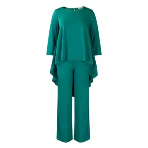 D3260 Dark Green Asymmetric Hem 2-Piece Set Long-Sleeve Loose Top & Flowy Wide-Leg Pants Elegant Work Date Outfit Versatile Comfortable