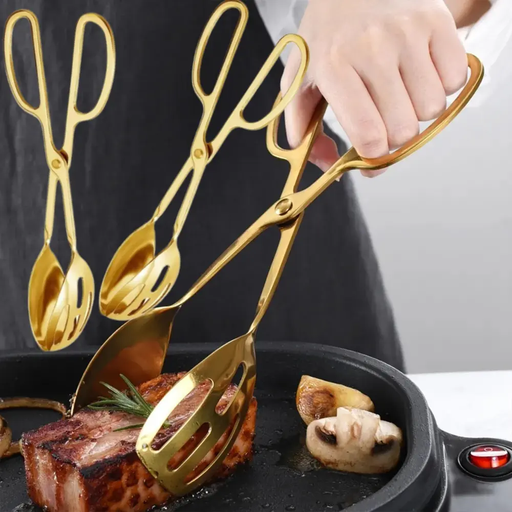 2 Pack Gold Serving Tongs Buffet for Kitchen Cooking 9.84 Inch Stainless Steel Salad Tongs Serving Utensils for Wedding Party Catering, Gold Kitchenware Food