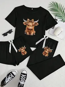 Highland Cow Three-Piece Home Set, Pants, Top, Womenswear, Cartoon Pattern, Loose-Fitting Casual Wear, All-Season Comfortable, Ideal for Daily Use