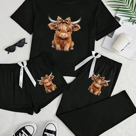 Highland Cow Three-Piece Home Set, Pants, Top, Womenswear, Cartoon Pattern, Loose-Fitting Casual Wear, All-Season Comfortable, Ideal for Daily Use
