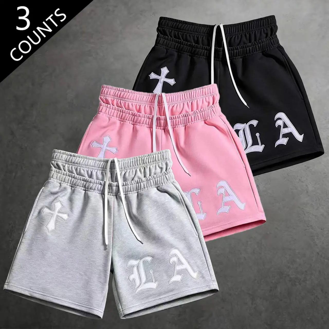Men’s 3-pack street-style shorts with Los Angeles letter embroidery, training shorts with a drawstring elastic waistband, gothic hip-hop shorts, suitable for everyday wear, sports, and streetwear, made of 100% polyester fiber.