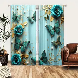 2pcs Window Curtains, Home Decoration Curtain, teal butterflies, roses, and gold accents adorn a soft blue backdrop, enhanced by pearls and shimmering dots, Window Drapes for Bedroom Living Room, Rod Pocket Window Treatment