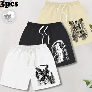 Men’s three-piece set: retro sports casual shorts featuring trendy street style, drawstring elastic waistband design, comfortable breathable lightweight fabric for surfing and basketball; suitable for all seasons; a premium gift for a boyfriend or son.
