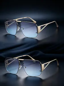 Unisex Metal Half-frame Sunglasses, Multi-color Gradient Lenses, UV400 Protection, Hollow Geometric Temples, Luxury Fashion Shades, for Driving, Travel & Streetwear