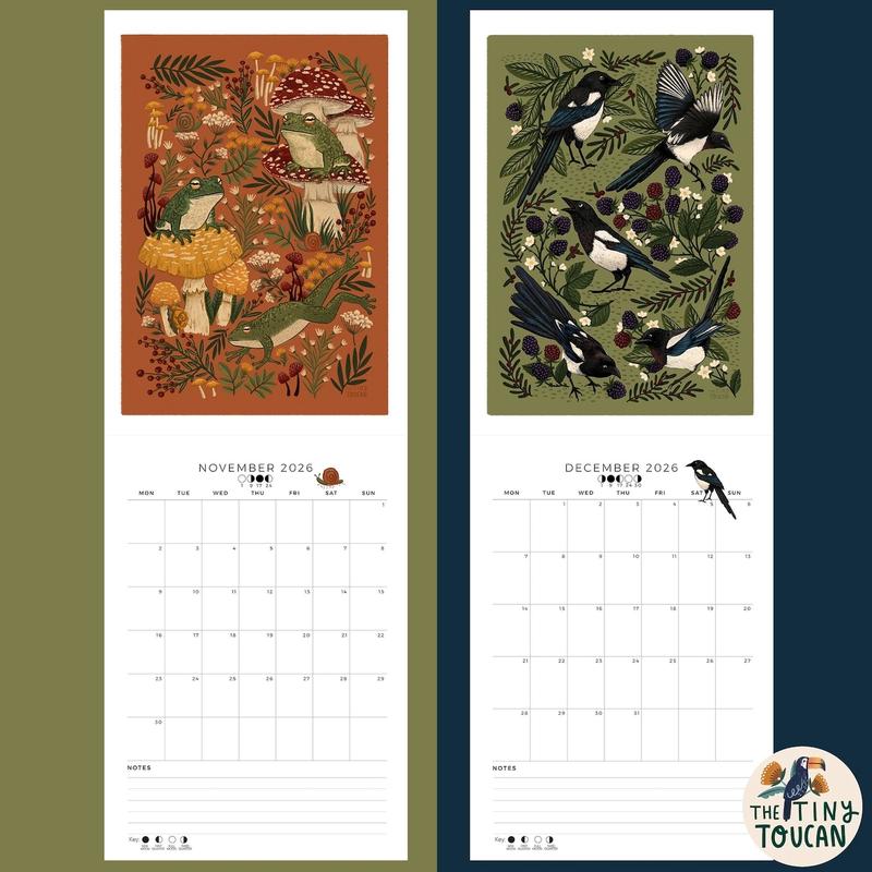 2026 Calendar A4 Illustrated Wall calendar. Cottagecore. Mushrooms. Frogs. Family Calendar. Magpies. Capybara. Mon-Sun organisation handmade