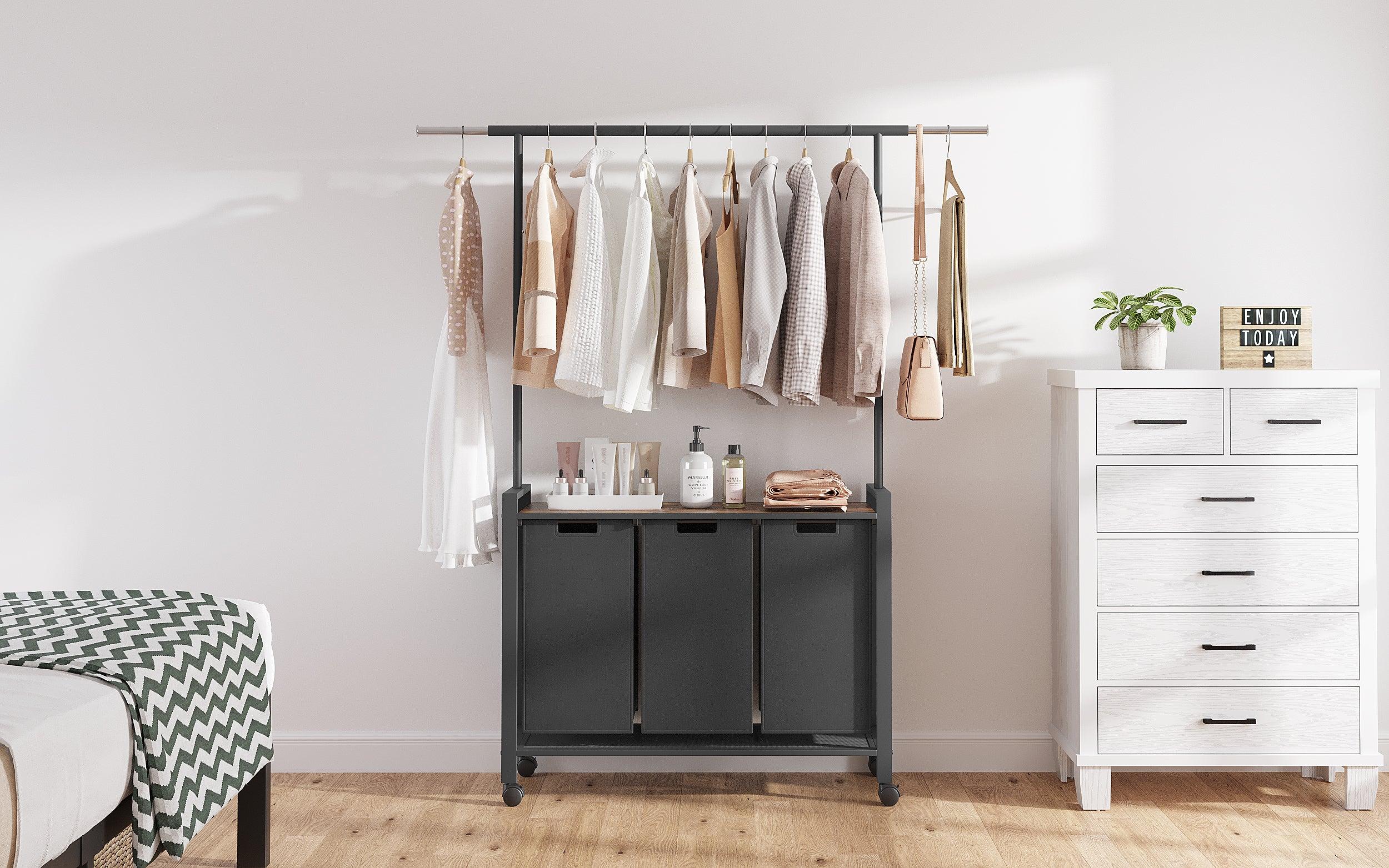 【GARVEE】Laundry Sorter with 3 Sections, Hanging Rack, Rolling Cart on Wheels, Pull-Out Removable Basket, and Shelf in Rustic Brown and Black - Organized Laundry Solution