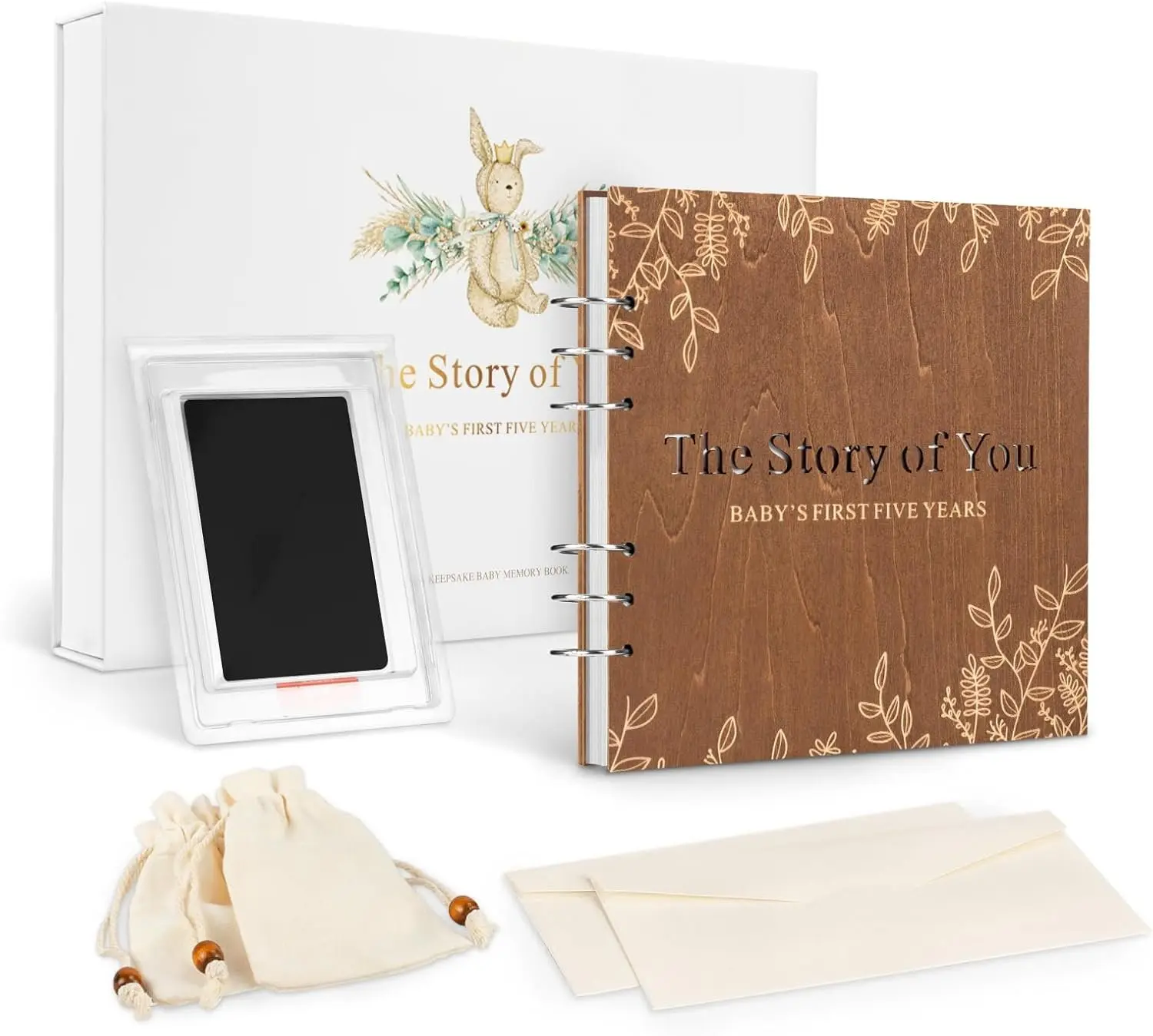 Wooden Keepsake  Memory Book Box Boys & Girls, First 5   Milestone Book Gender Neutral Journal Memory Scrapbook,  Shower Keepsake  Set (Included Ink Pad/Keepsake Bags/Envelopes)