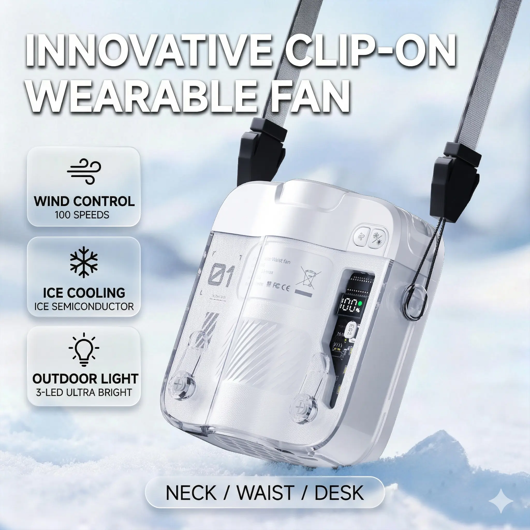 Portable Waist Fan with ICE Semiconductor Cooling | 16000 RPM 100-Speed Neck Fan | 3-LED Flashlight | Clip-On Wearable Cooling Fan for Outdoor Work Construction Camping Hiking