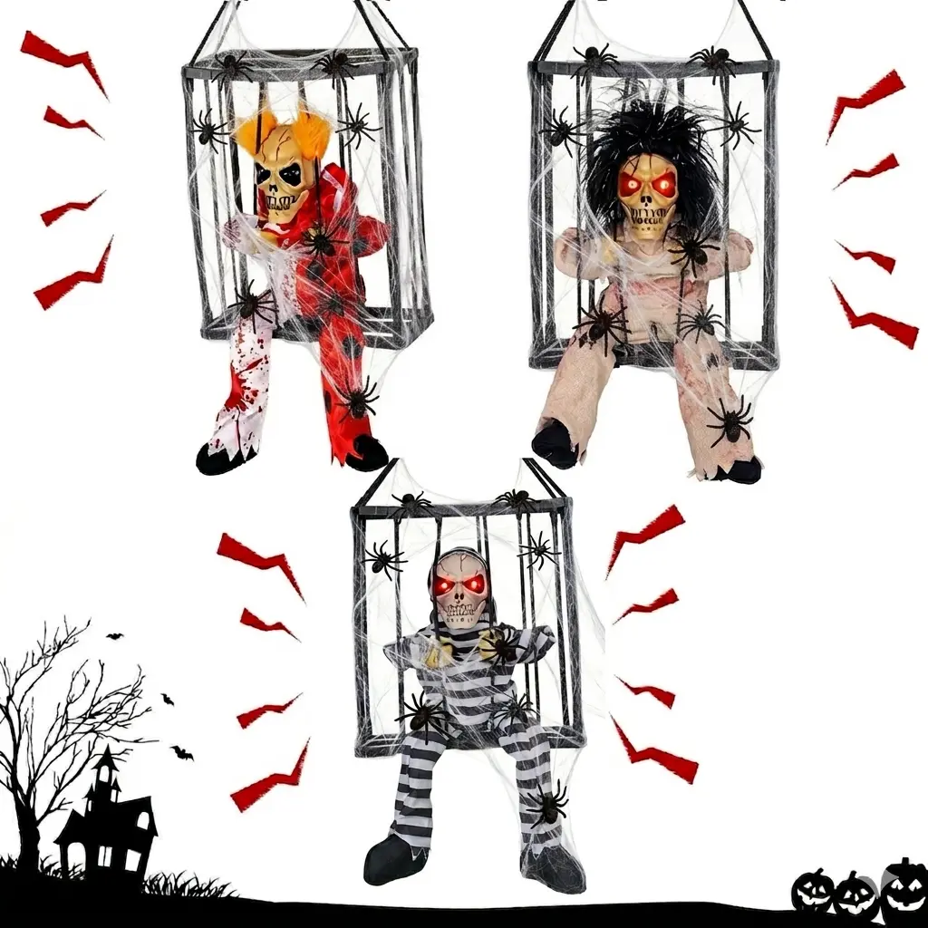 Halloween outdoor decoration: dynamic prisoner ghost in a cage — motion-sensor hanging crying skeleton (with glowing eyes and scream sound effects), haunted house props (includes spider web and spider).