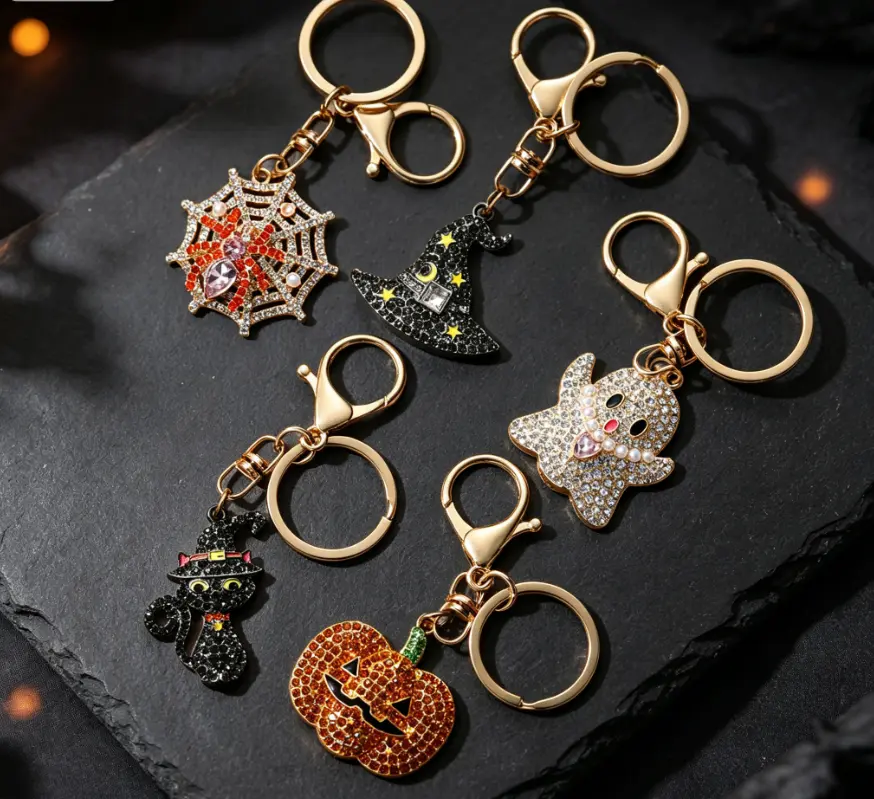 Full Rhinestone Halloween Keychain - Vintage Bag Charm with Pumpkin, Ghost Motifs, Fashion Costume Jewelry Accessory for Daily Matching, Holiday Occasions