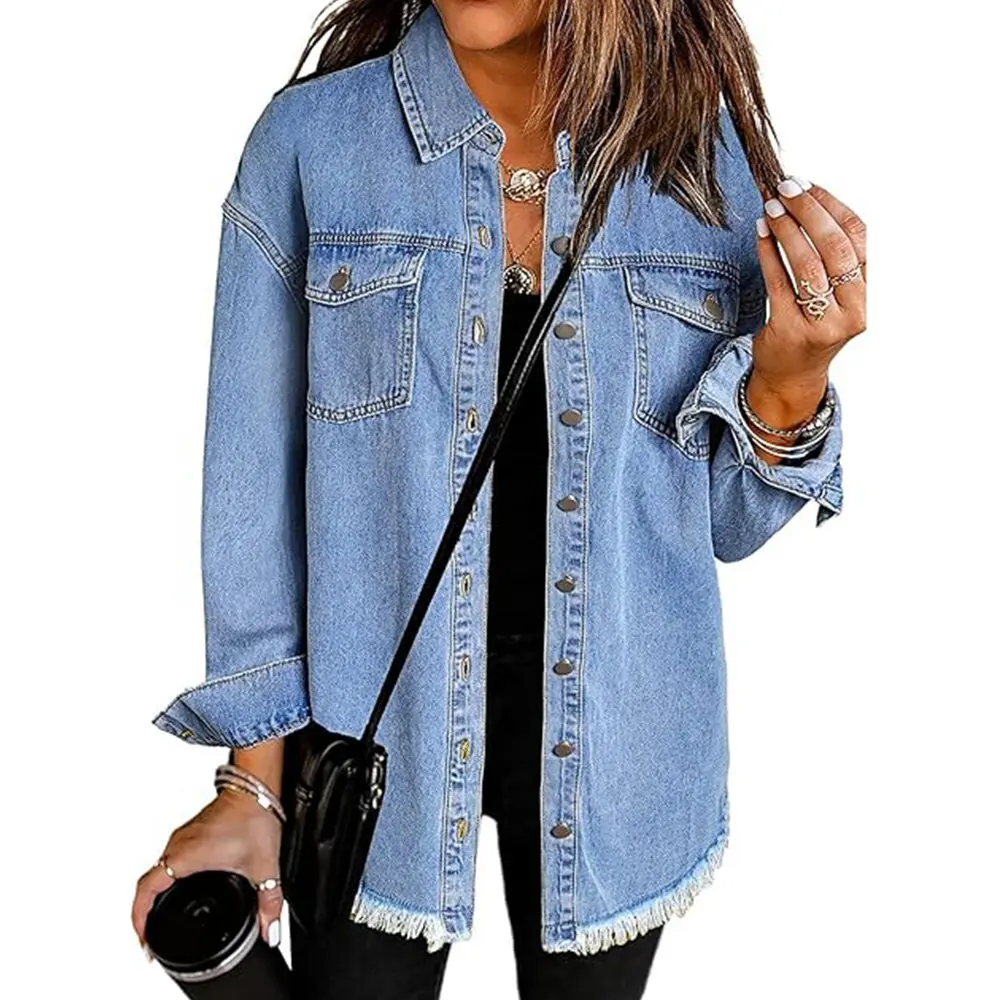 Womens Button Down Oversized Distressed Boyfriend Jean Jacket | Fall Outfits for Women, Classic Denim Jacket for Country Concert, Date Night, Trendy Light Jackets Shacket Coat