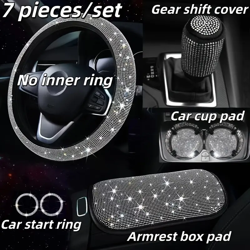 7pcs/set, Artificial Diamond Car Interior Accessory Set, Shiny Center Console Decorations, Unisex, Steering Wheel Cover Without Inner Ring + Gear Shift Cover + Armrest Box Pad + 2 Cup Holder Coasters + 2 Car Start Rings
