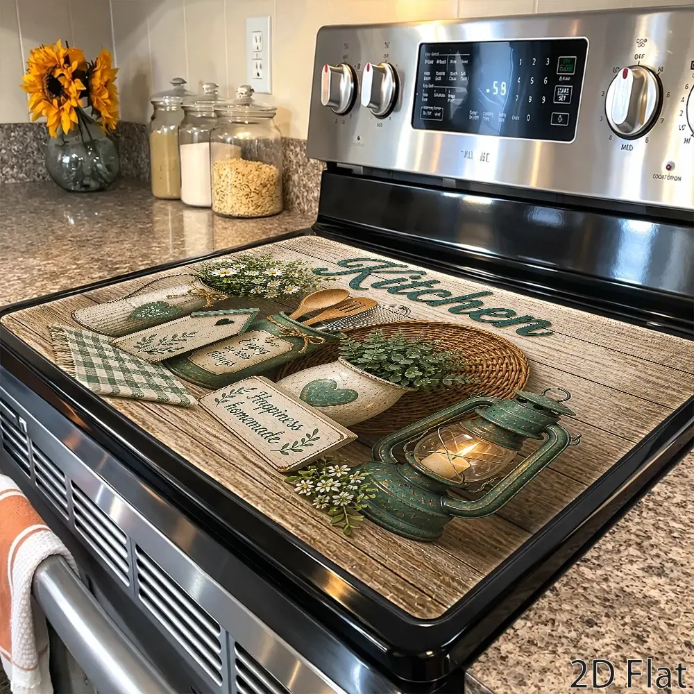 Farmhouse Daisy Greenery Stove Cover Mat, Heat Resistant Linen Kitchen Protector, Stain & Wear Resistant Reusable Easy Clean Mat for Gas Stove, Induction Cooktop, Oven, Washer & Dryer, Kitchen Decor, 11.8 x 17.7 Inch