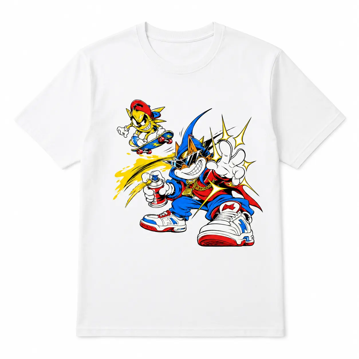 90s Hip Hop Graffiti Spray Cat Skateboarding Character Graphic T-Shirt - White Multicolor Print - Unisex Short Sleeve Crewneck Soft Cotton Casual Streetwear Tee Tops - Retro Cartoon Outfit Men Women 3633