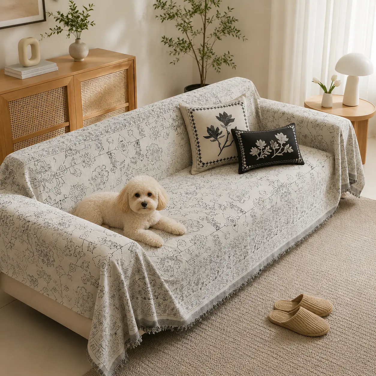 Retro ink-wash floral cotton-linen sofa cover fabric, tassel all-around universal sofa throw, pet scratch-resistant, wear-resistant, machine washable sofa slipcover