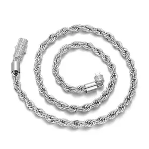 Iced Clasp Rope Chain Necklace – 5.8mm Stainless Steel 22" Silver Tone