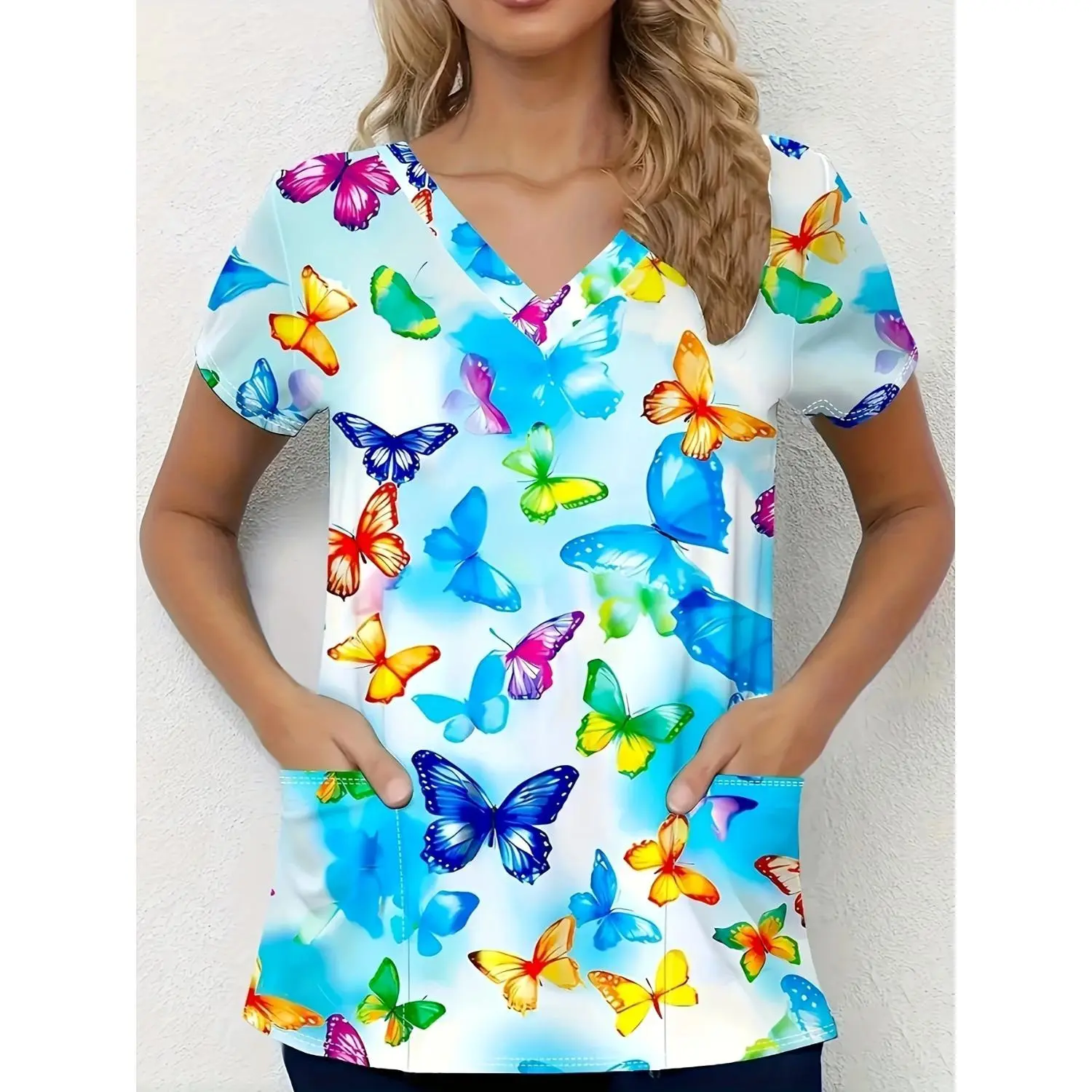 Women's V-Neck Short Sleeve Top with Colorful Butterfly Print - Breathable, Machine-Washable Shirt with Pockets for Nursing, Work, and Everyday Comfort, Vibrant & Practical Design